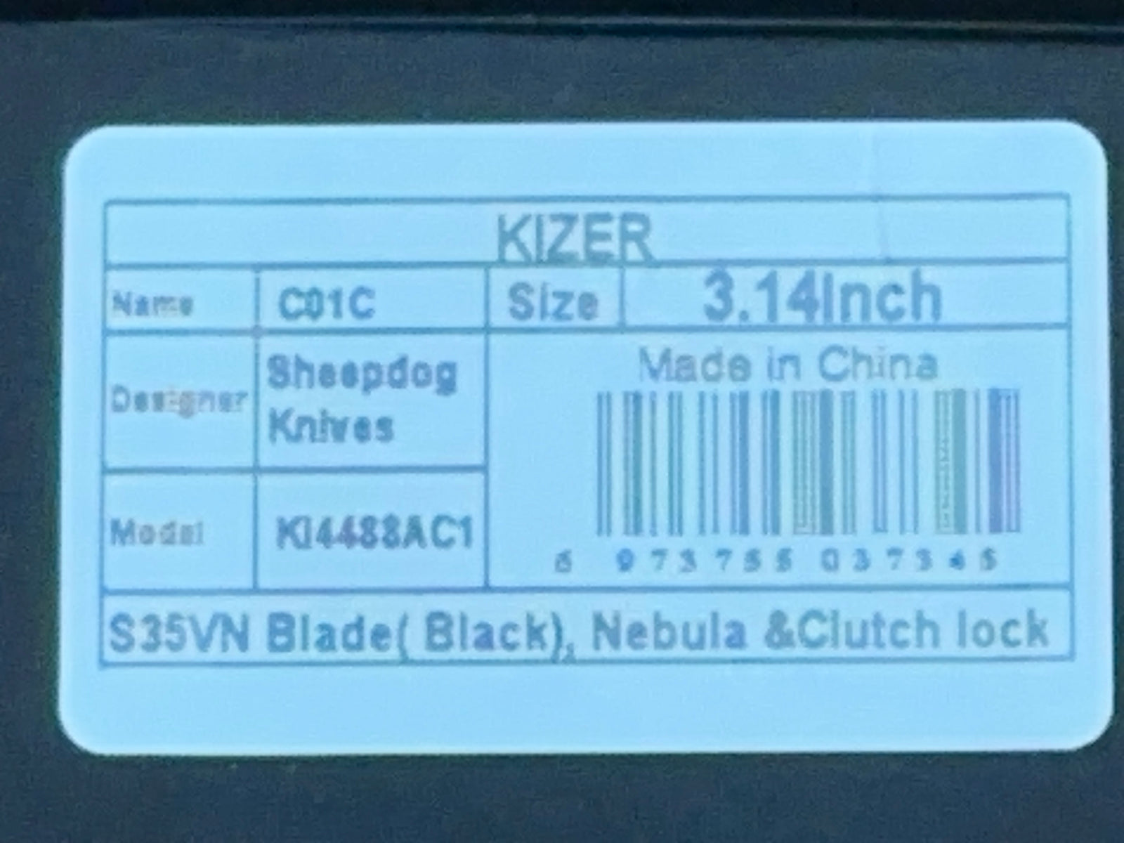 Kizer Cutlery Ki4488AC1 Sheepdog Knives Chris Conaway c01c Clutch Lock Flipper Knife 3.15" S35VN Black Stonewashed Sheepsfoot Blade, Nebula FatCarbon Handles, AXIS/Crossbar Lock
