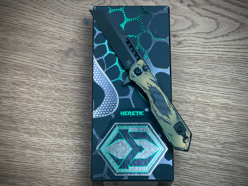 Heretic Knives Jinn Manual Button Lock (Gold & Green Cel Shade Carbon Breach)
