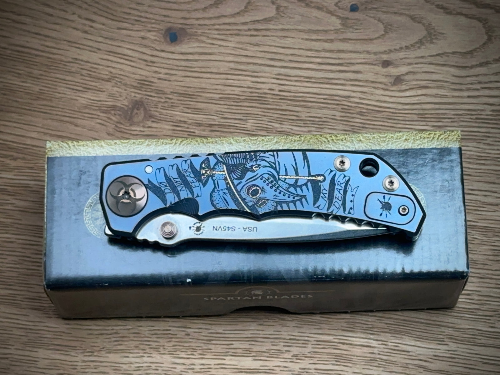 Spartan Blades Harsey Folder ''Plague Doctor'' Blue Titanium, Satin MagnaCut by William W. Harsey (SF5DOCTOR BL)
