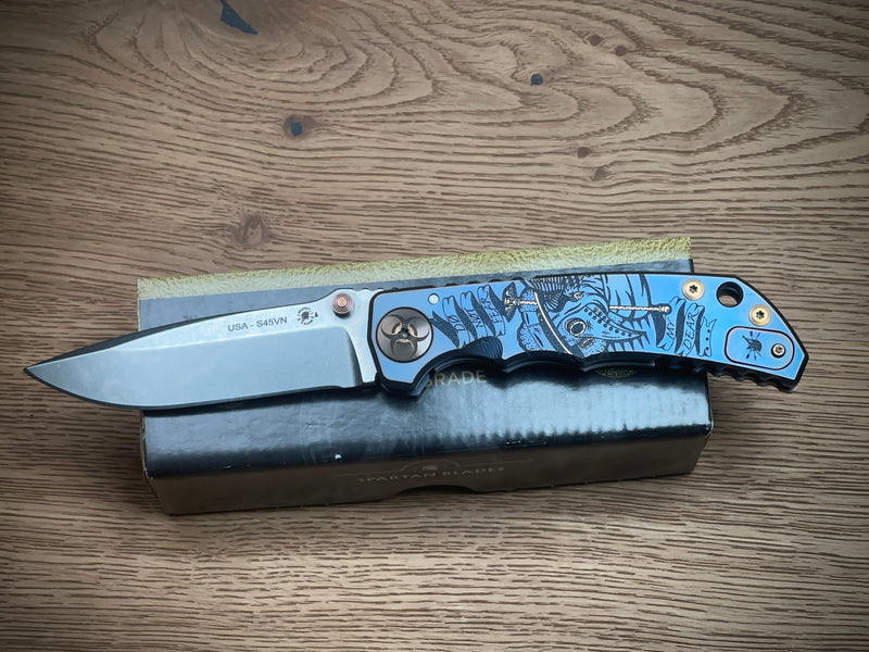 Spartan Blades Harsey Folder ''Plague Doctor'' Blue Titanium, Satin MagnaCut by William W. Harsey (SF5DOCTOR BL)